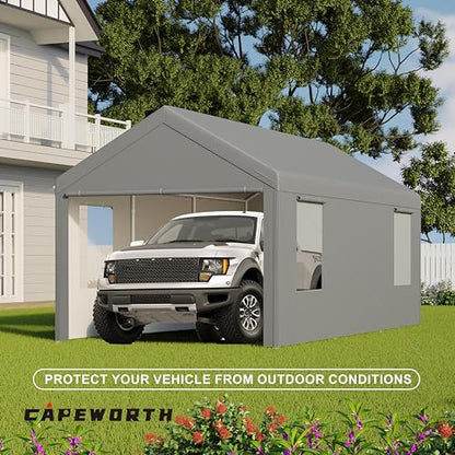 CAPEWORTH Carport,12x20 Heavy Duty Carports, Canopy, Garage, Metal Shed, with 4 Roll-up Ventilated Windows, Outdoor, Storage, Car, Boat,12x20 Grey - WoodArtSupply