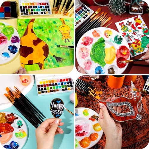 FANDAMEI Round Paint Tray Palettes and Paint Brushes Set, Paintbrushes, 3 PCS Plastic Paint Palettes Pallets, 10 PCS Acrylic Paint Brushes, Nylon Fandamei