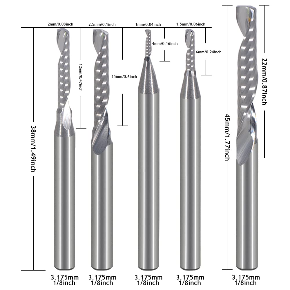 CNC Router Bits,Engraving Bits,End Mill Milling Cutter,Single Flute Spiral Upcut Router Bit,1/8 Shank,Tungsten Steel Engraving Carving Tool Kit for HOZLY