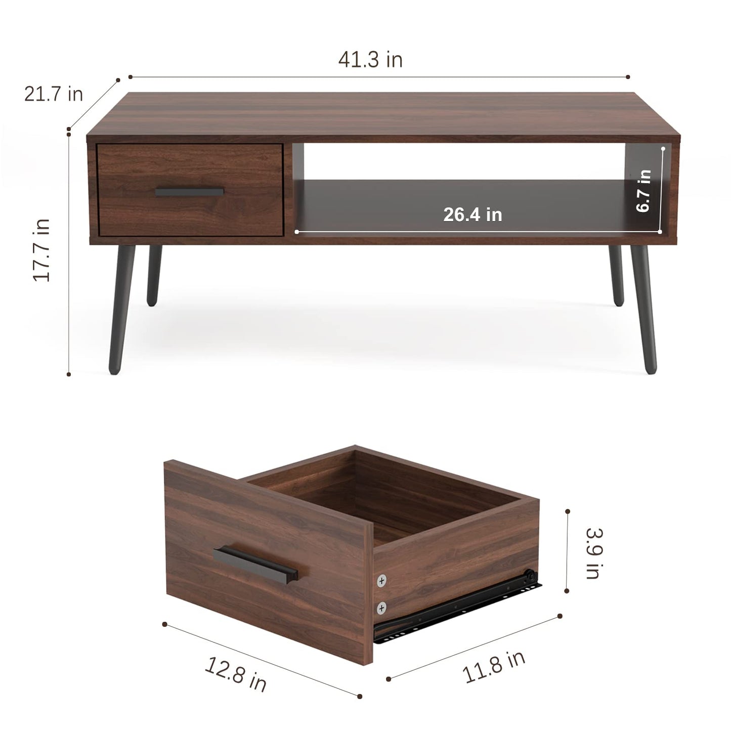 HAIOOU Coffee Table, Mid Century Modern Style Cocktail Table TV Stand with Drawer, Open Storage Shelf, Stable Floor-Anti-Scratching Pine Leg for