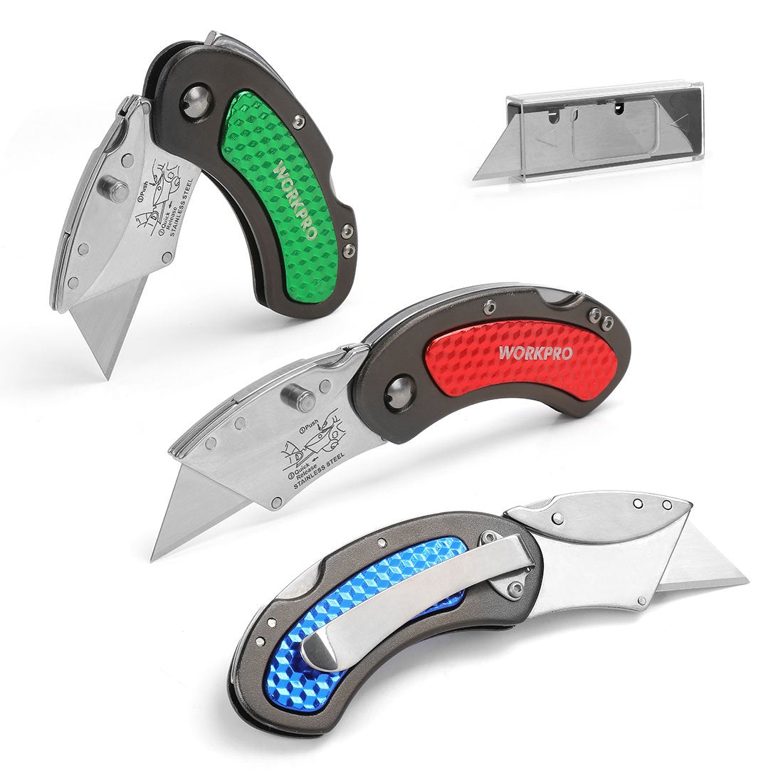 WORKPRO Folding Utility Knife Set Quick Change Blade, Back-lock Mechanism 3-piece with 10-piece Extra Blades WORKPRO