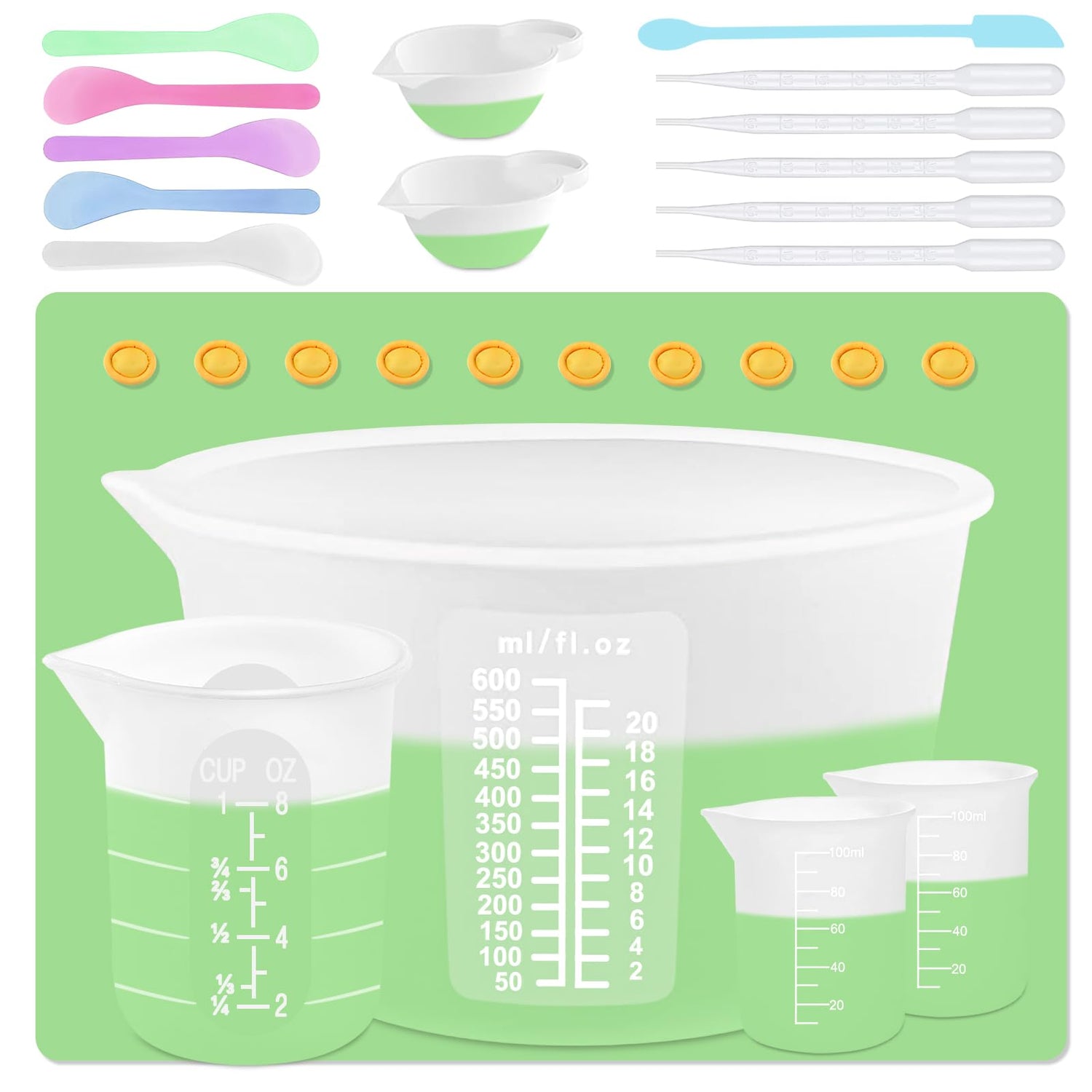 Silicone Measuring Cups Kit for Resin, Epoxy Supplies Set with 600ml, 250ml & 100ml Silicone Cups, Reusable Resin Supplies Cups with Silicone Mat, Sjubaopen