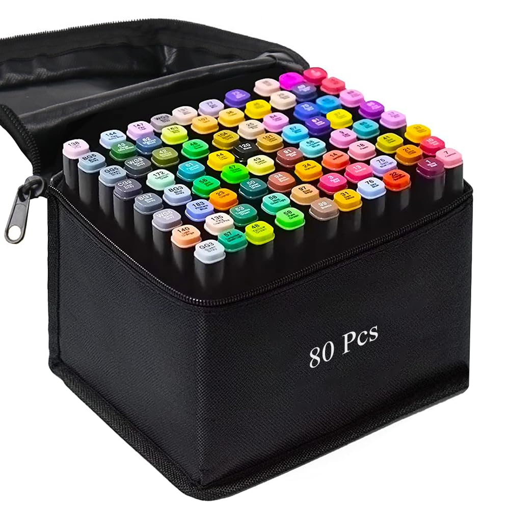 Alcohol Markers, 80 Colors Art Drawing Markers Set for Kids Adults Dual Tip Permanent Sketch Markers, with Organizing Case