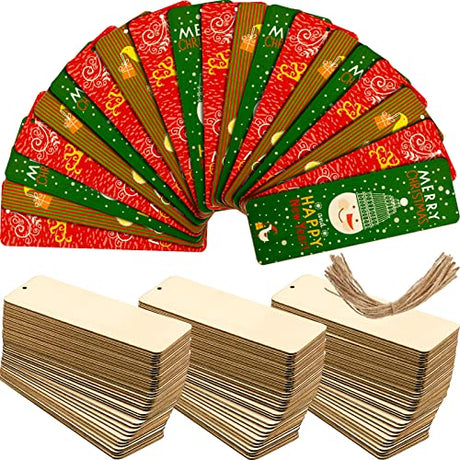 Wood Blank Bookmarks DIY Wooden Craft Bookmark Unfinished Wood Hanging Tags Rectangle Shape Blank Bookmark Ornaments with Holes and Ropes for Zonon