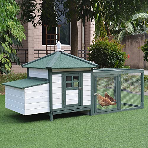 PawHut 77" Wooden Chicken Coop with Nesting Box, Cute Outdoor Hen House with Removable Tray, Ramp Run, for Garden Backyard, Green - WoodArtSupply