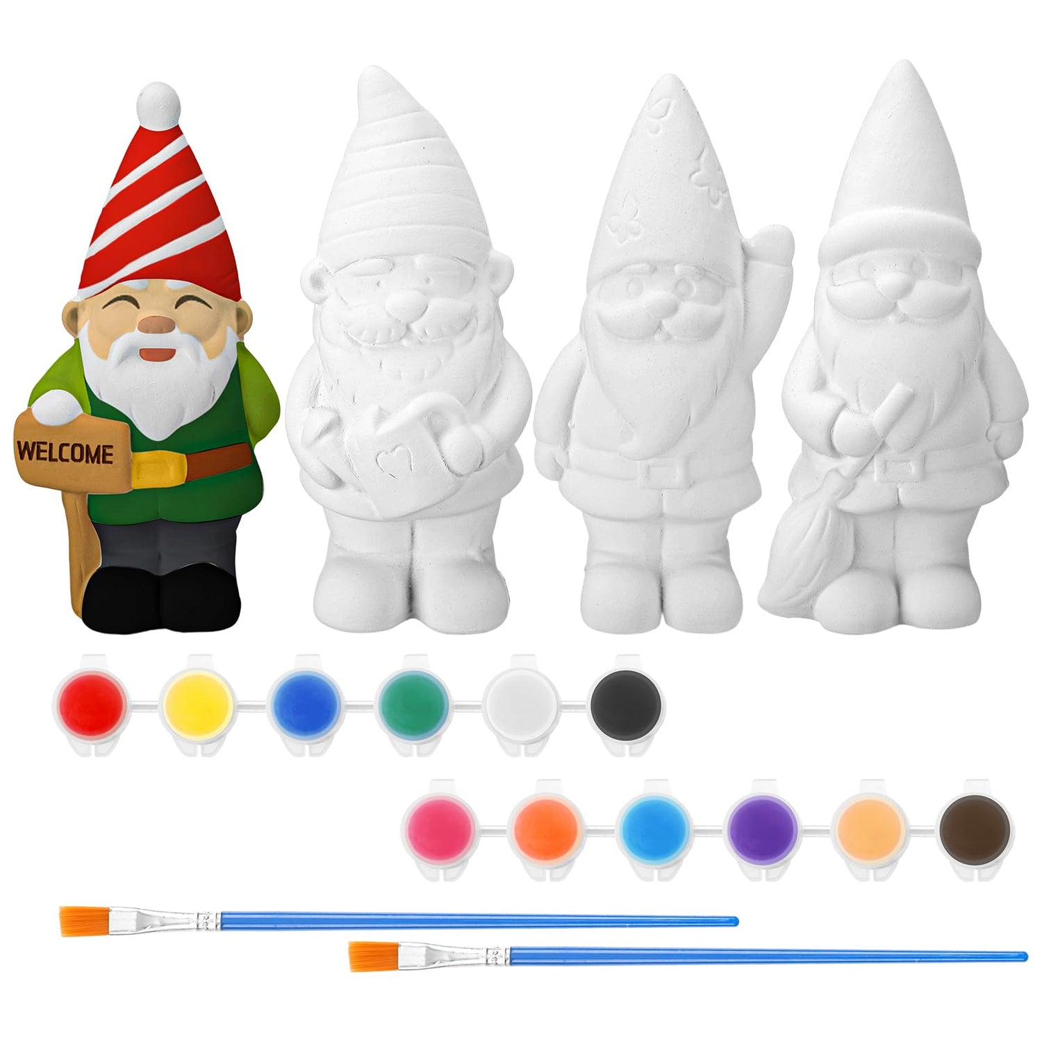 Barydat 4 Pcs Xmas Gnomes Ceramic Painting Kit for Kids Adults 5'' Gnome Statues with Paint Pod Strips, 2 Brushes Unpainted Blank Ceramics to Paint Barydat
