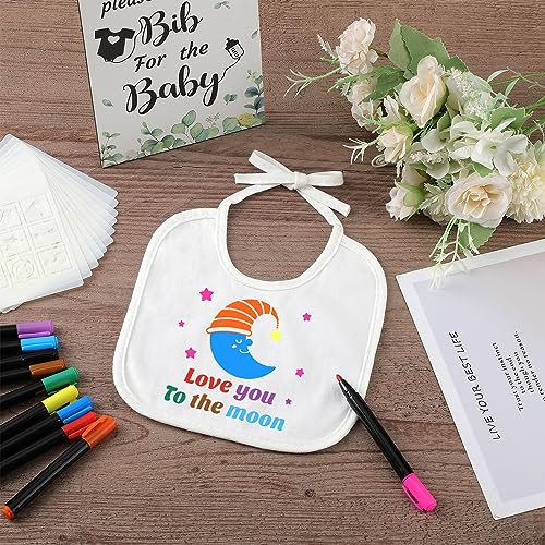 Newwiee 55 Pcs DIY Baby Bibs Set Includes 22 White Feeder Bibs 22 Stencils 10 Fabric Markers 1 Wooden Baby Shower Game Sign, White Bibs Baby Shower Newwiee