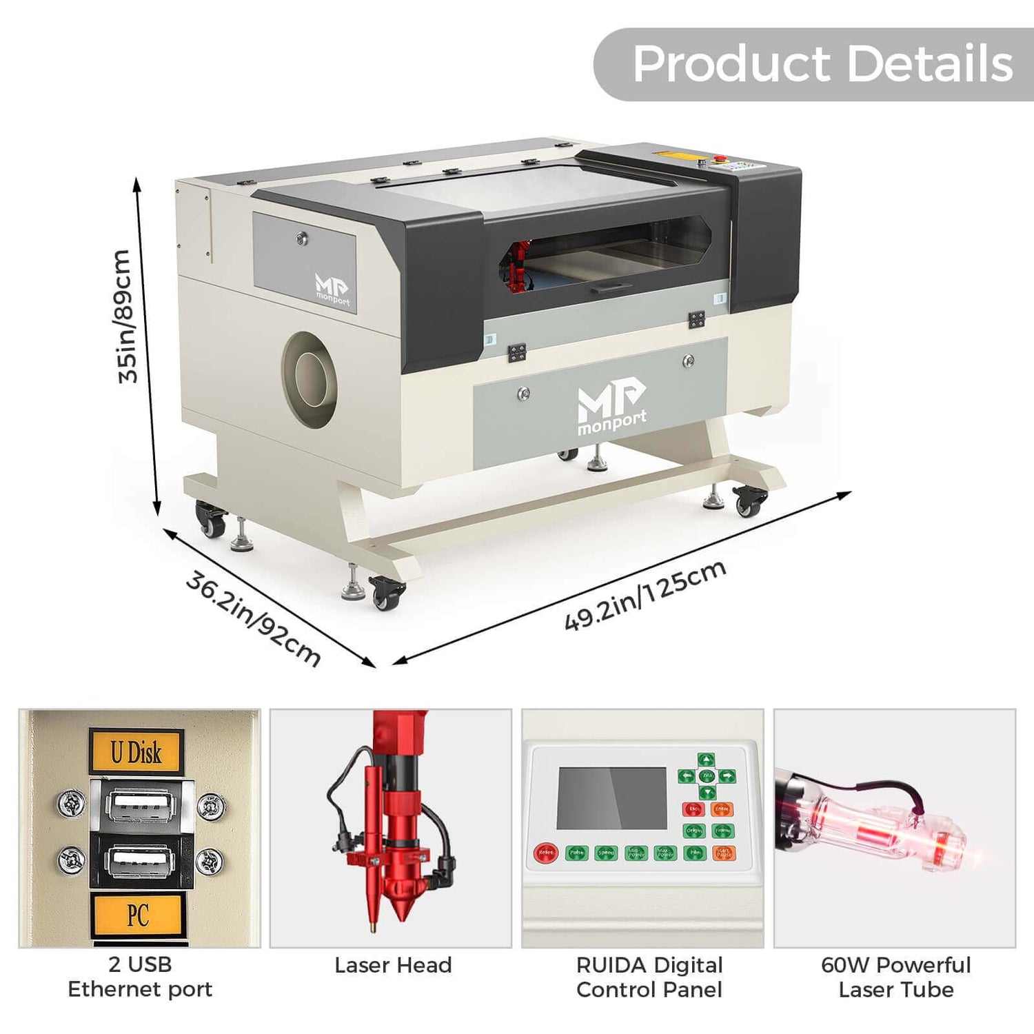 Monport Upgraded Fireproof Auto Focus 60W CO2 Laser Engraver & Cutter with Large Working Area (20" x 28"),with 6L CW-5200 Industrial Water Chiller Monport