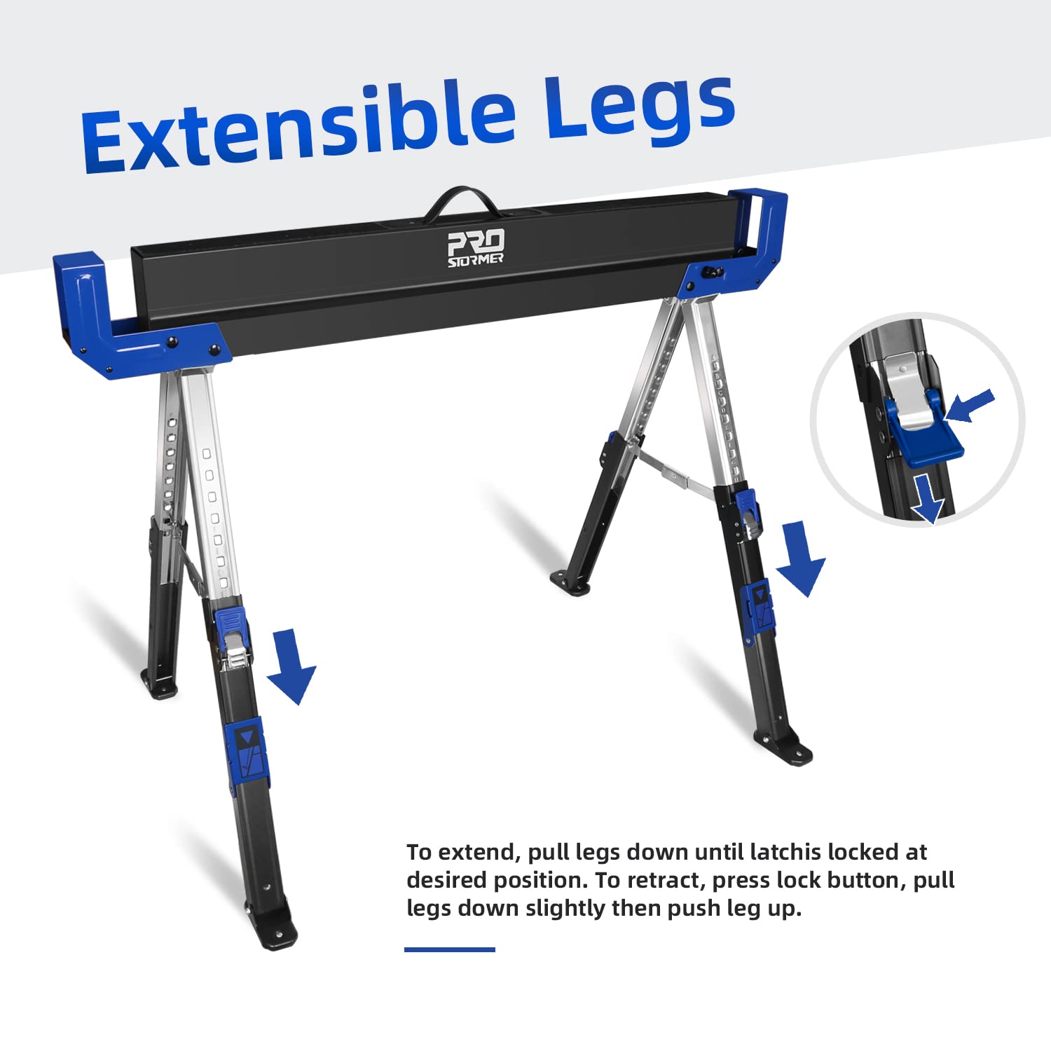 Prostormer Saw Horses 2 Pack Folding, Portable Heavy Duty Sawhorse with 2601 lbs Weight Capacity Per Pair, Adjustable Legs, Easy Carry Handle - Ideal Prostormer