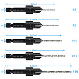 5-pc Countersink Tapered Drill Bit Set, 3in1 Woodworking Counterbore Hole Drill Bits for #6 8 10 12 16 Screws, Depth Adjustable M2 Pilot Drill Bits, - WoodArtSupply
