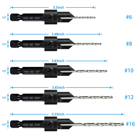 5-pc Countersink Tapered Drill Bit Set, 3in1 Woodworking Counterbore Hole Drill Bits for #6 8 10 12 16 Screws, Depth Adjustable M2 Pilot Drill Bits, - WoodArtSupply