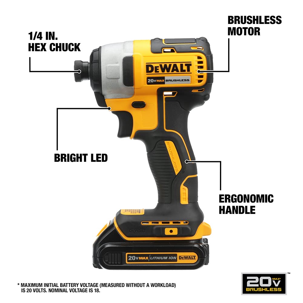 DEWALT 20V MAX Cordless Impact Driver Kit, Brushless, 1/4" Hex Chuck, 2 Batteries and Charger (DCF787C2) - WoodArtSupply