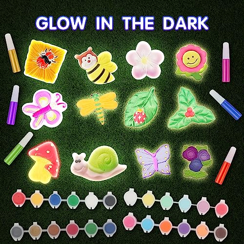 Qtioucp 50Pcs Arts and Crafts Set Painting Kit for Kids with 24 Acrylic Paint Color &12 Glow in The Dark Color, Rock Painting Birthday Christmas