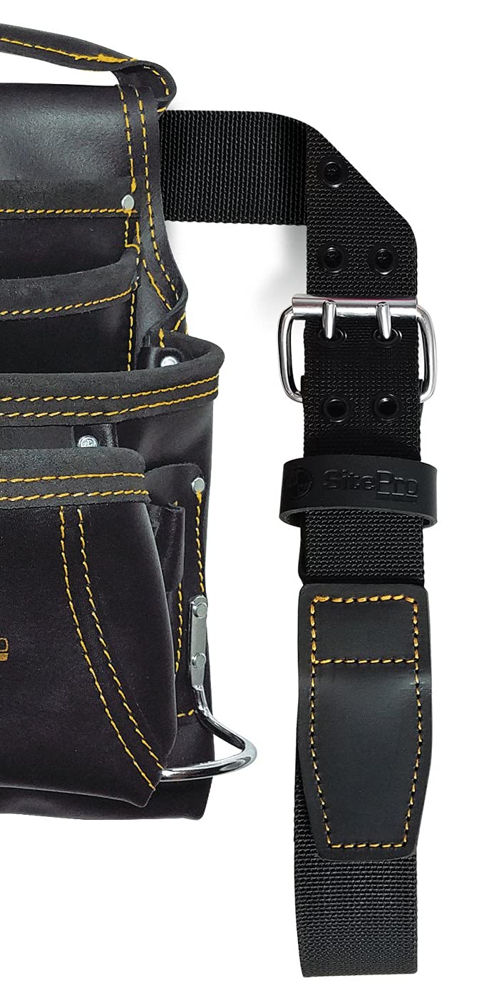 SITEGEAR 10-Pocket Carpenter's Top Grain Leather Nail and Tool Bag with Belt, Black (51-10113-TSB) SITEGEAR