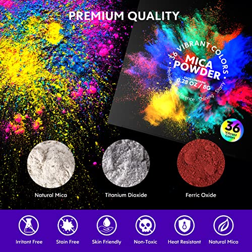 Mica Powder for Epoxy Resin - 𝟑𝟔 𝐂𝐨𝐥𝐨𝐫𝐬 Resin Color Pigment Powder, Cosmetic Grade Glitter Colorant Pearlescent Powder for Lip Gloss, Soap Making, - WoodArtSupply