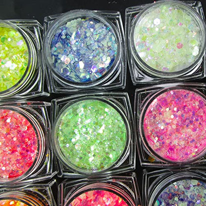 12 Colors Night Glow Chunky Glitters Flakes Luminous Neon Powder Glitter Sequins for Acrylic Nails/Crafts/Resin/Makeup/Festival/Slime - WoodArtSupply