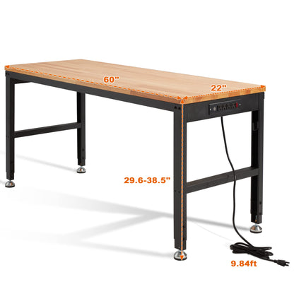 Haddockway Adjustable Workbench for Garage, 60" x 22" Rubber Wood Top Work Bench with Power Outlets, Max 2000 Lbs Load Capacity Heavy Duty