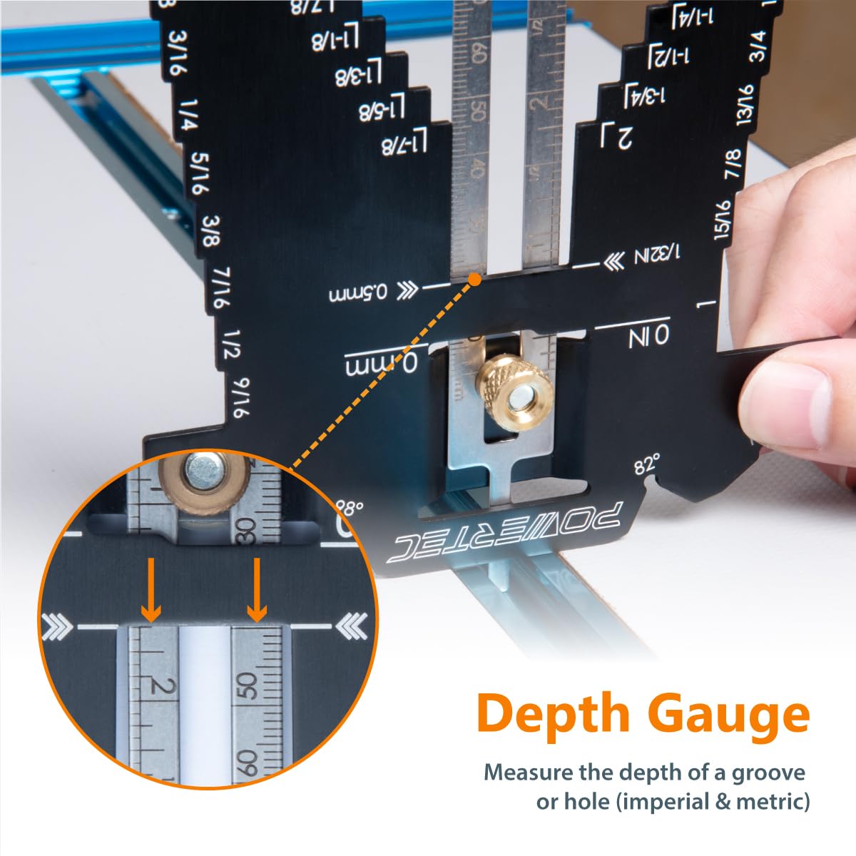 POWERTEC 80023 Universal 5-in-1 Measuring Gauge Woodworking Tool - Drill Point, Chisel Angle, Height, Bit and Depth Gauge for Table Saw Router - WoodArtSupply