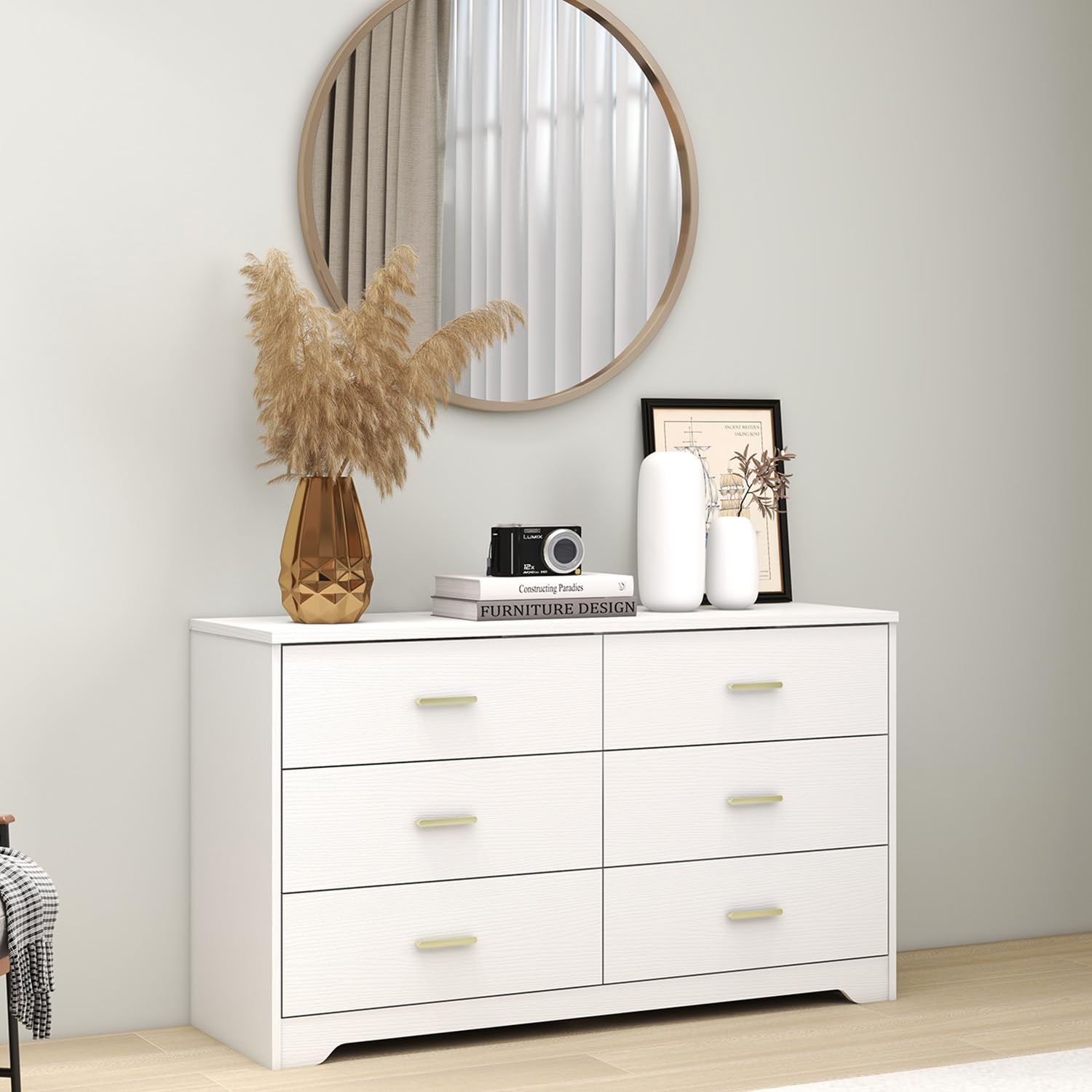 Modern 6 Drawer Wood Dresser, Wood Lateral Chest of Drawers Storage Organizer with Wide Drawers & Metal Gold Handles for Bedroom, Living Room, Panana