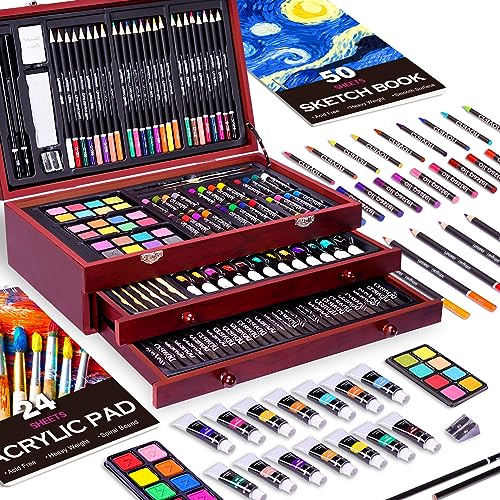 175 Piece Deluxe Art Supplies, Art Set with 2 A4 Drawing Pads, 24 Acrylic Paints, Crayons, Colored Pencils, Art Kit for Adults Artist Beginners Kids COOL BANK