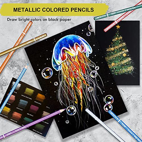 KALOUR 50 Piece Metallic Colored Pencils, Soft Core with Vibrant Color,Ideal for Drawing, Blending, Sketching, Shading, Coloring for Adults Kids KALOUR
