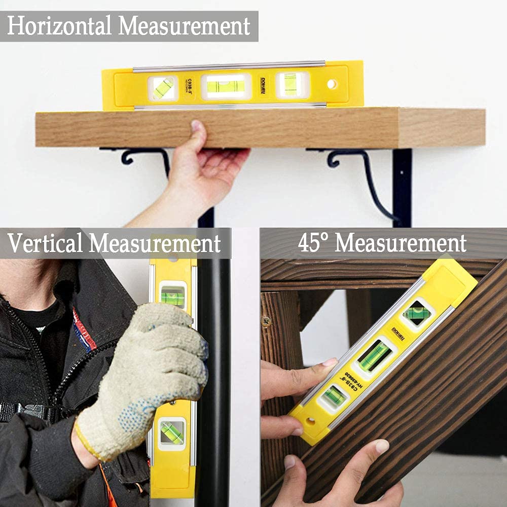 DOWELL 9 Inch Magnetic Box Level Torpedo Level,3 Different Bubbles/45°/90°/180°Measuring Shock Resistant Torpedo Level - WoodArtSupply