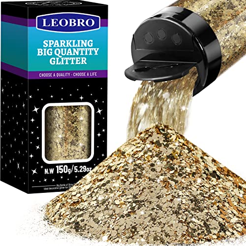 LEOBRO Champagne Gold Glitter, Chunky Glitter, 150g/5.29oz Glitter, Craft Glitter for Resin, Mixed Chunky Glitter Metallic Chunky Glitter for Crafts, LEOBRO