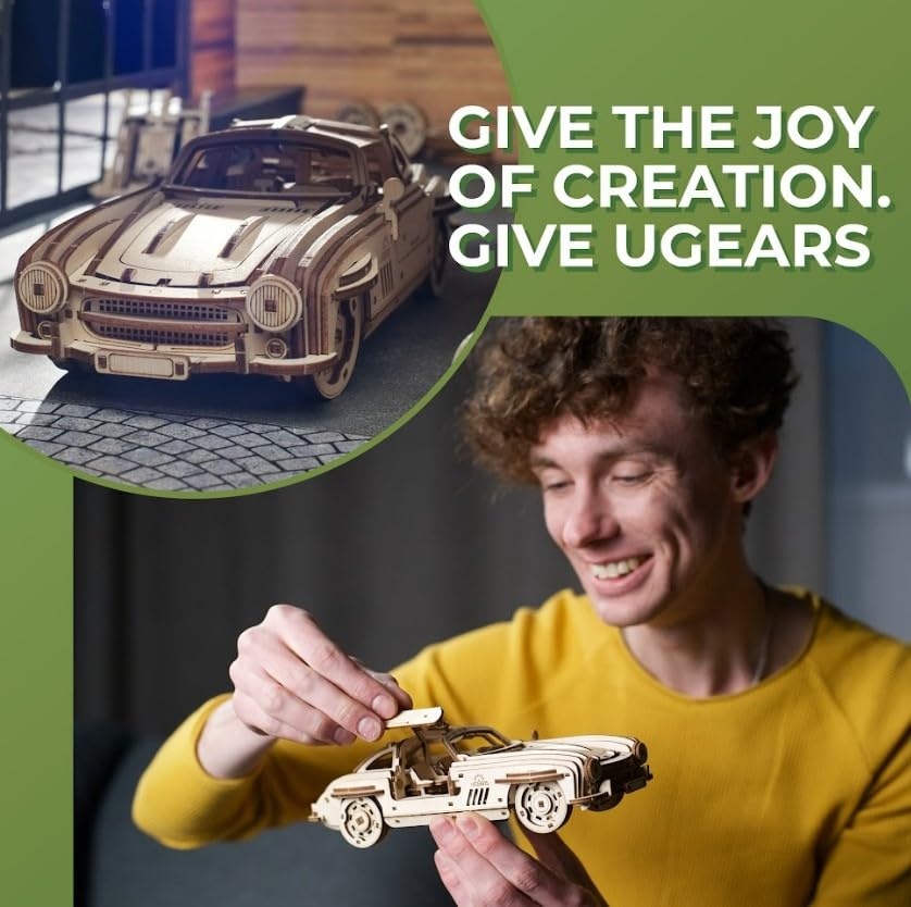 UGEARS Winged Sports Coupe Model Car Kit - 3D Wooden Puzzle Car –Model Kit for Adults to Build - DIY Wooden Car Model Kit with Authentic Gull-Wing UGEARS