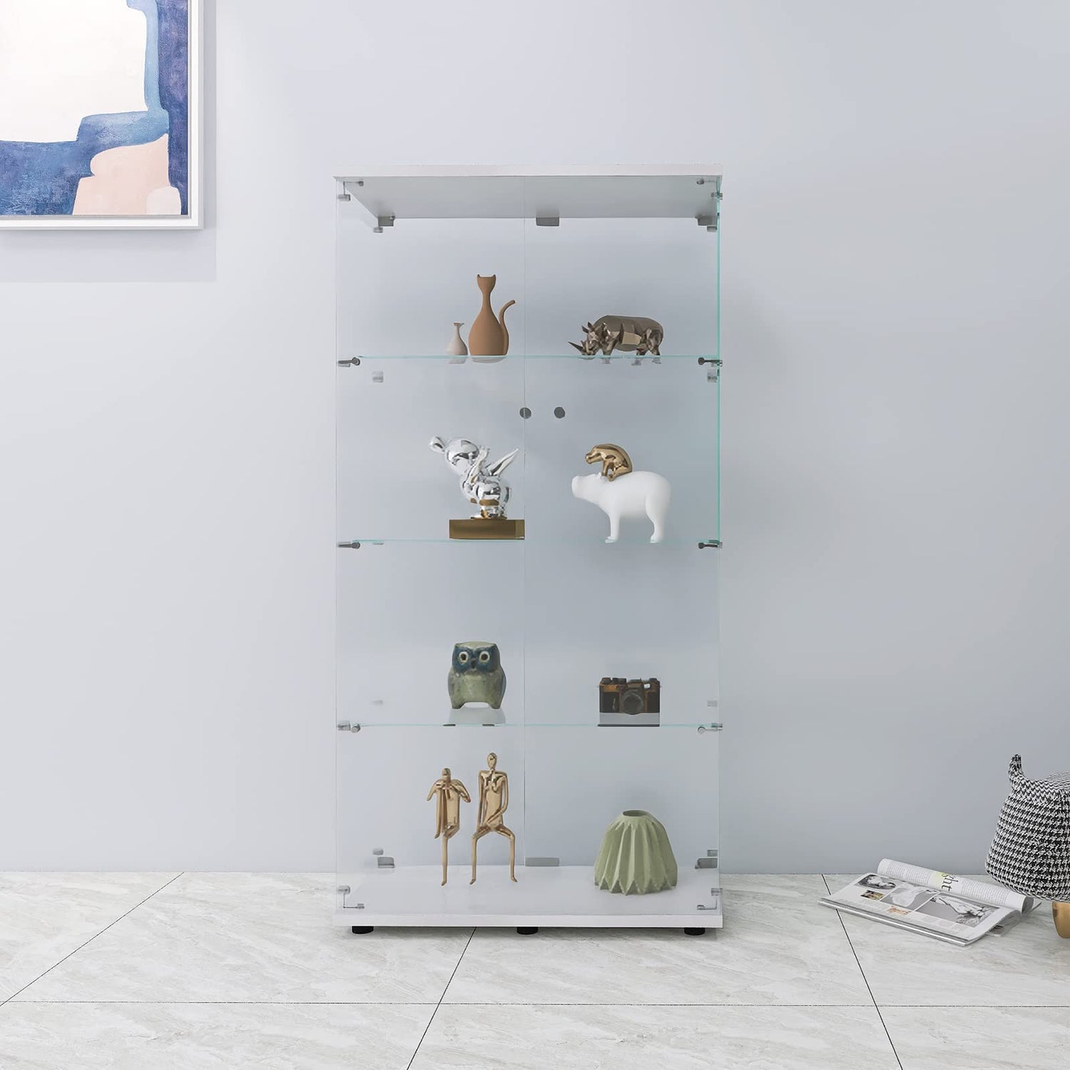 FANYUSHOW Elegant Glass Display Cabinet with Lock - Quick-Install 4-Shelf Curio Unit in White FANYUSHOW
