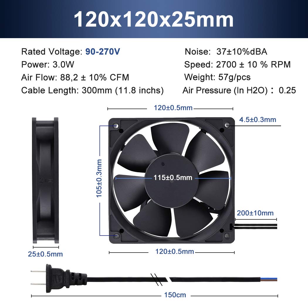 Wathai EC 120mm x 25mm Ball DIY Cooling Ventilation Exhaust Fan 110V 115V 120V 220V 240V AC Axial Case Muffin Fan Wathai