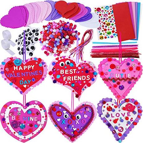 Winlyn 24 Sets Valentine's Day Heart Ornaments Decorations DIY Foam Heart Valentine Craft Kits Assorted Foam Heart Shapes Stickers Pom-poms Googly Winlyn