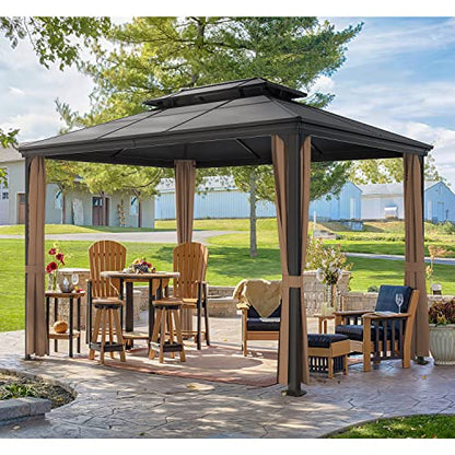 Greesum 10'x13' Hardtop Polycarbonate Gazebo, Outdoor Steel Double Roof Canopy, Aluminum Frame Permanent Pavilion with Netting and Curtains for - WoodArtSupply