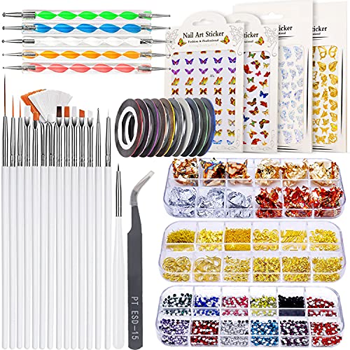 JOYJULY Nail Brushes for Nail Art, Nail Art Kit for Beginners with Nail Art Brushes Dotting Tools Holographic Nail Art Stickers Nail Foil Tape Strips