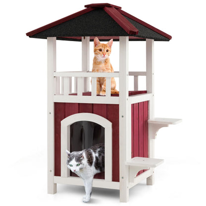 Tangkula Outdoor Cat House, 2-Story Wooden Cat Shelter with Asphalt Roof, Balcony, Rain Curtain, Jumping Platforms, Removable Floor, Weatherproof Pet