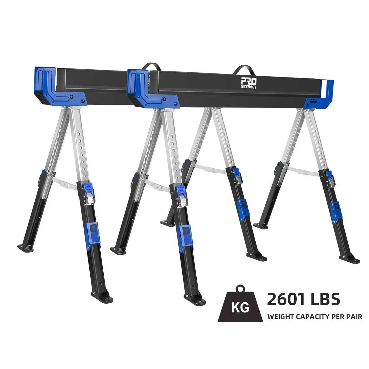 Prostormer Saw Horses 2 Pack Folding, Portable Heavy Duty Sawhorse with 2601 lbs Weight Capacity Per Pair, Adjustable Legs, Easy Carry Handle - Ideal Prostormer