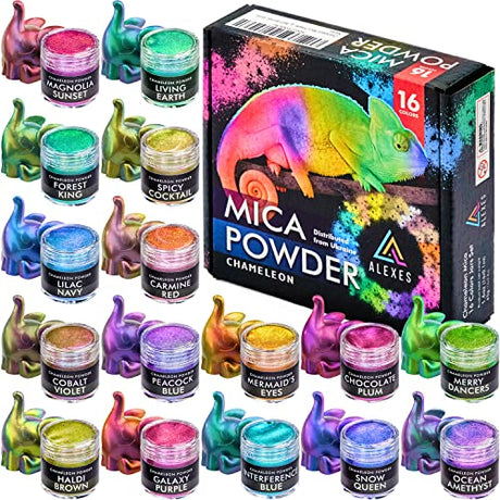ALEXES Chameleon Mica Powder – Epoxy Resin Color Pigment Powder - Color Shift Mica Powder -16 Colors Jars Set - Holographic Mica Powder ALEXES