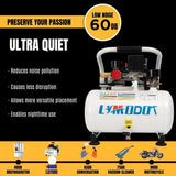 Limodot Ultra Quiet Air Compressor Portable, 60 dB, Silent and Electric for Car and Bike Tires, Nail Gun, and Pneumatic Tools, Garage, Shop, or Limodot