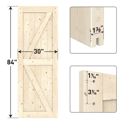 WINSOON 30in x 84in Sliding Barn Door with 5.5ft Barn Door Hardware Kit & Handle, Floor Guide, Door Latch Included, DIY Unfinished Solid Spruce - WoodArtSupply