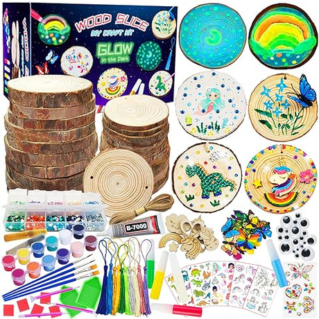 Wooden Crafts Kit for Kids - Glow in The Dark - Arts & Crafts Gifts for Boys Girls Age 6-12, 24 Wood Slices with Diamond Painting Craft Activities KIRKOTOY