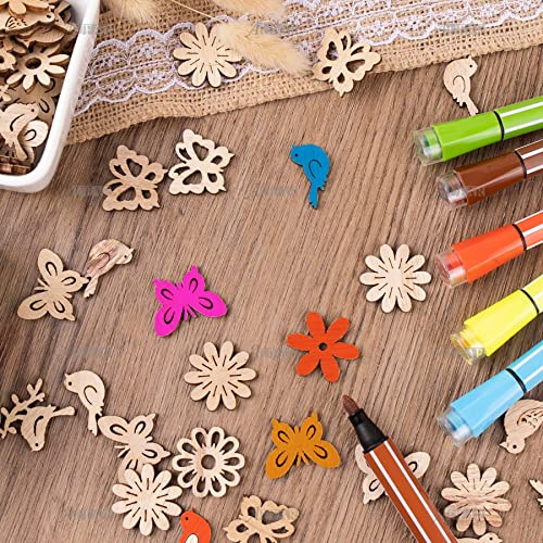 AUEAR, 300 Pack Wooden Embellishments Butterfly Flower Bird Slices Discs Unfinished Wooden Cutouts Wood Ornaments for Crafts DIY Handmade Decoration AUEAR