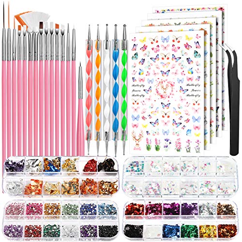 Nail Art Brushes Set, FANDAMEI Nail Art Kit, Nail Design Kit, Nail Art Dotting Pens, Nail Stickers, Butterfly Nail Art Sequins, Nail Foils, Nail Art Fandamei