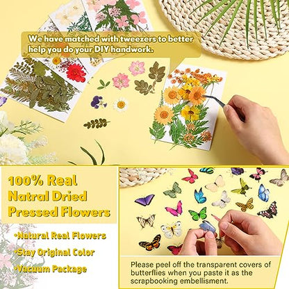 Fabbay 712 Pcs Dried Pressed for Resin with Tweezer Flowers Leaves Butterfly Stickers Dry Flowers Leaves Bulk Natural Dried Flower Scrapbook - WoodArtSupply