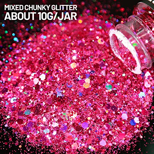 LEOBRO Holographic Chunky Glitter, 15 Colors Glitter, Craft Glitter for Resin, Nail Glitter, Festival Cosmetic Hair Face Body Glitter, Glitter Flakes LEOBRO