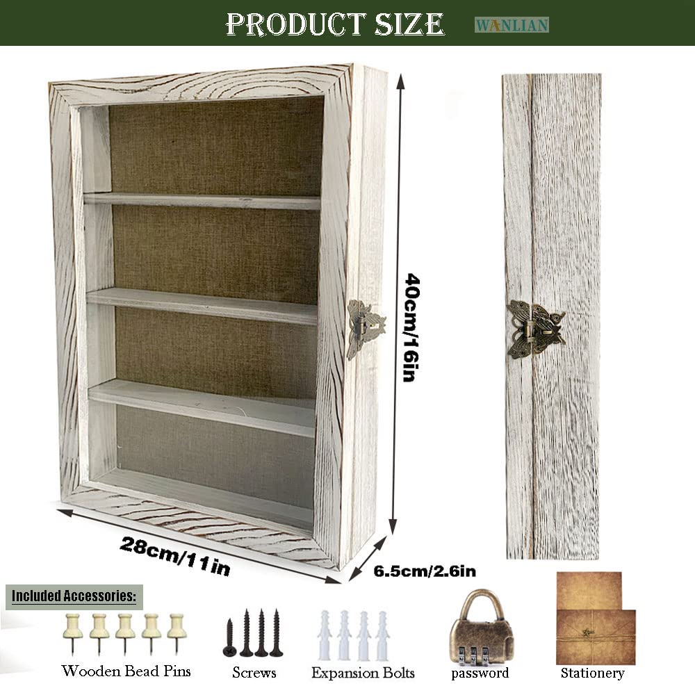 Large Shadow Box with Shelves, 11x16 Wooden Shadow Box Display Cabinet with Acrylic Window, 3 Removable Shelves and Linen Back, for Displaying Photo WANLIAN