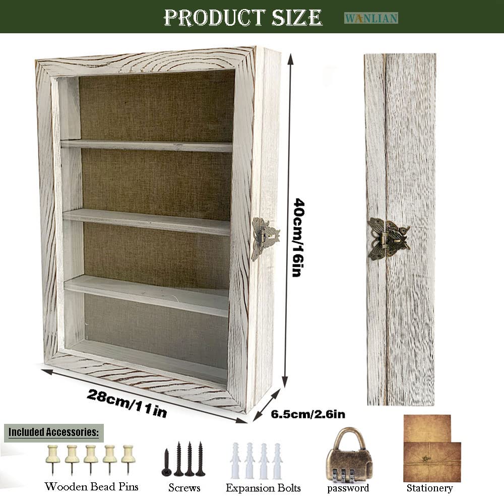 Large Shadow Box with Shelves, 11x16 Wooden Shadow Box Display Cabinet with Acrylic Window, 3 Removable Shelves and Linen Back, for Displaying Photo