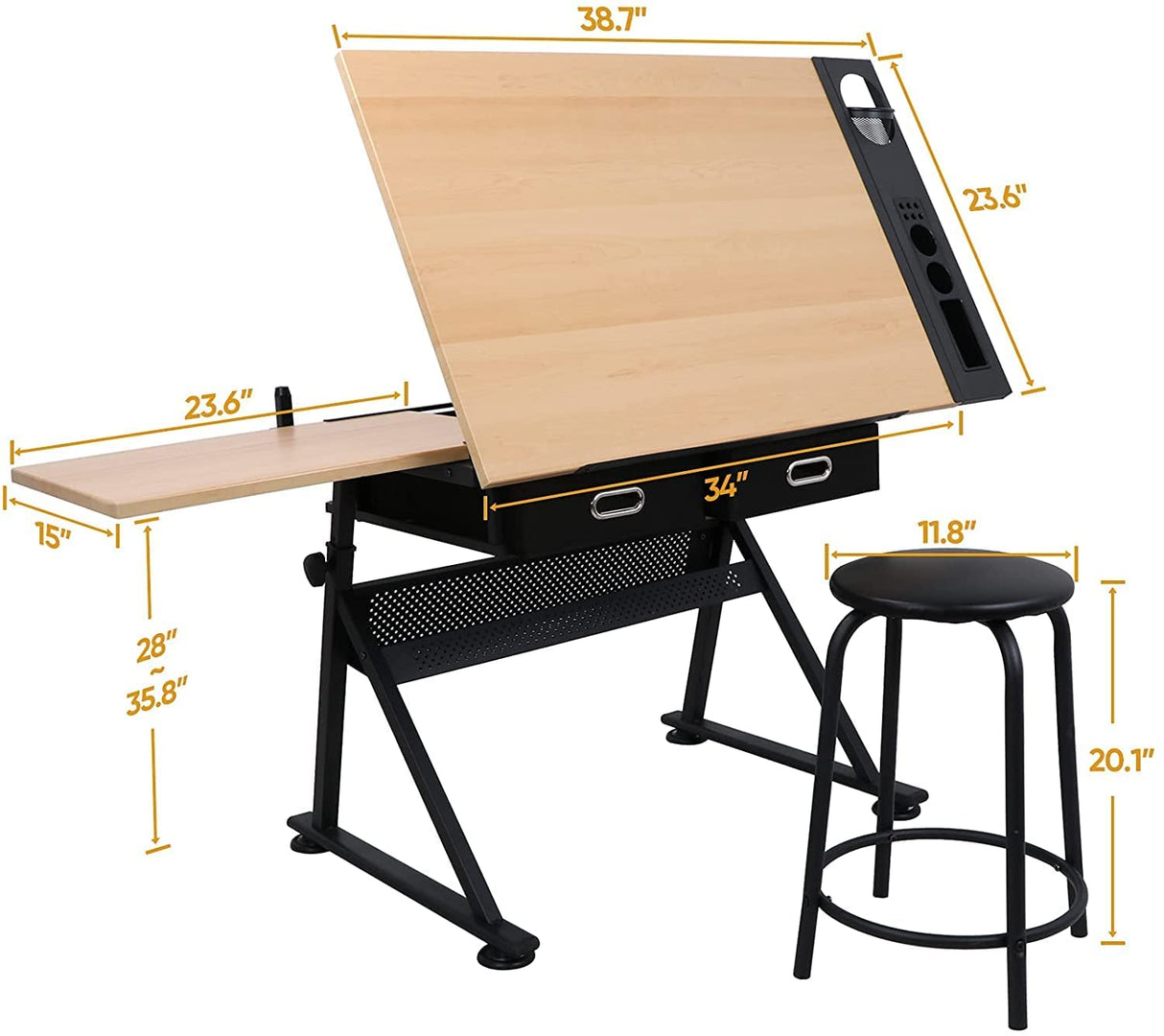 JupiterForce Drafting Desks with 2 Storage Drawers, Height Adjustable Drawing Tables for Painters, Working, Writing, Home Office, Natural JupiterForce