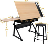 JupiterForce Drafting Desks with 2 Storage Drawers, Height Adjustable Drawing Tables for Painters, Working, Writing, Home Office, Natural JupiterForce