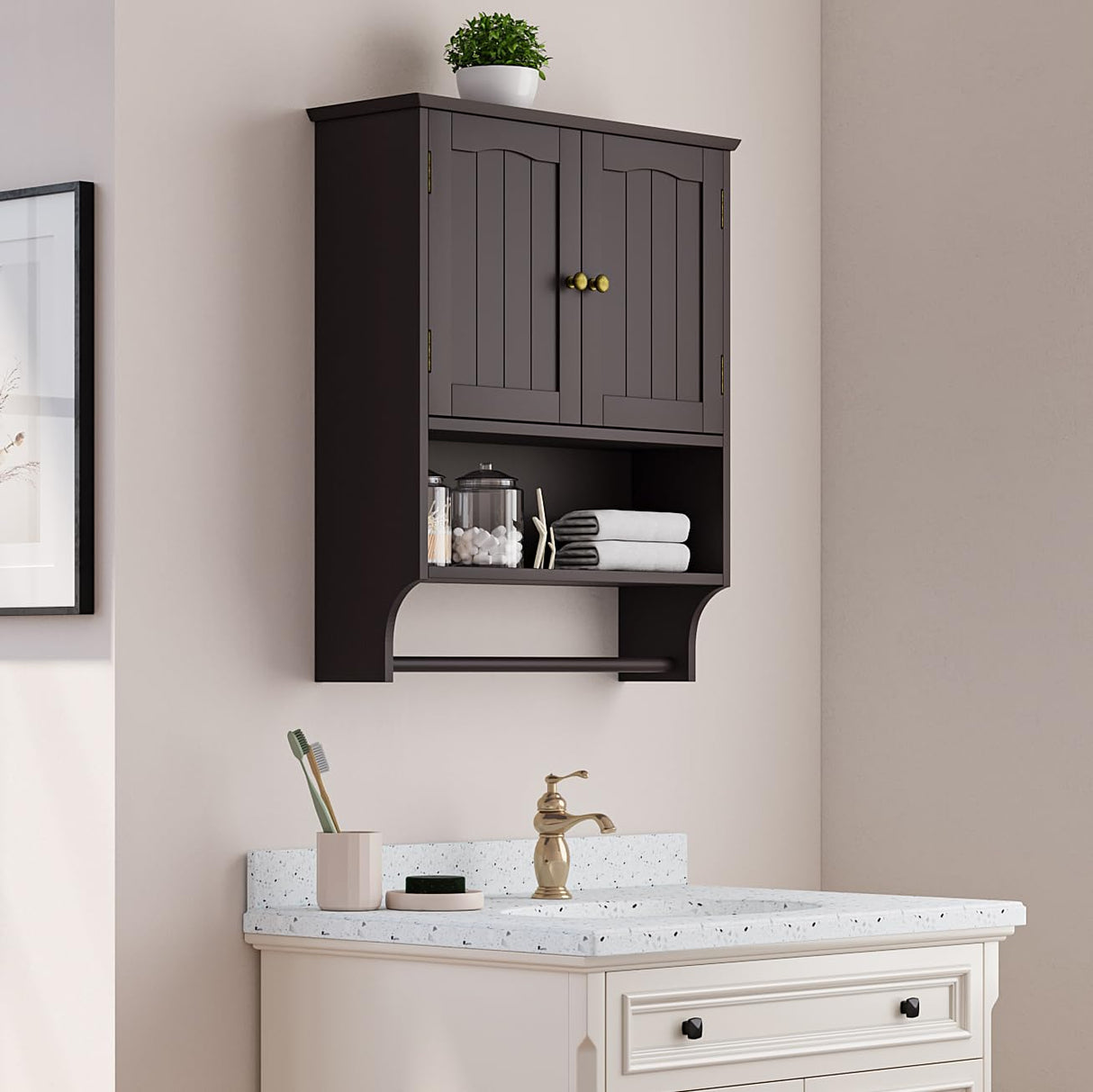 Mino Kesper Wooden Bathroom Wall Cabinet with Adjustable Shelf and Towel Rack Mino Kesper