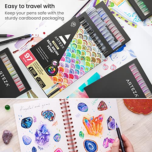 ARTEZA Real Brush Pens, 96 Drawing Pens Pack, Flexible Brush Tips, Professional Watercolor Pens, Drawing Markers, Non-Toxic, for Artists, Hobbyists,