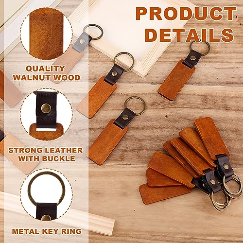 25pcs Leather Wood Keychain Blank, Wooden Keychain Blanks with Leather NQEUEPN